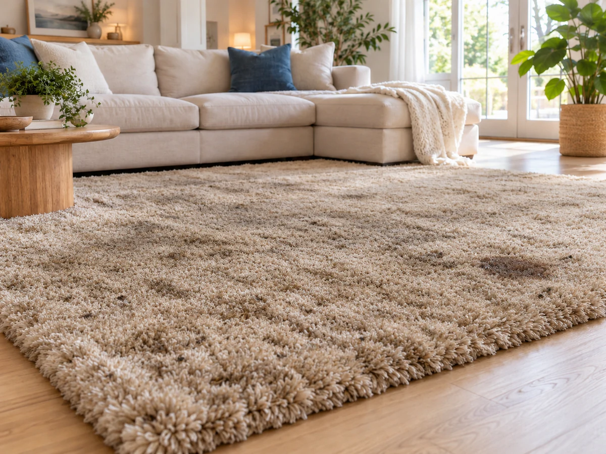 Tapis à poils épais taché et terni avant nettoyage