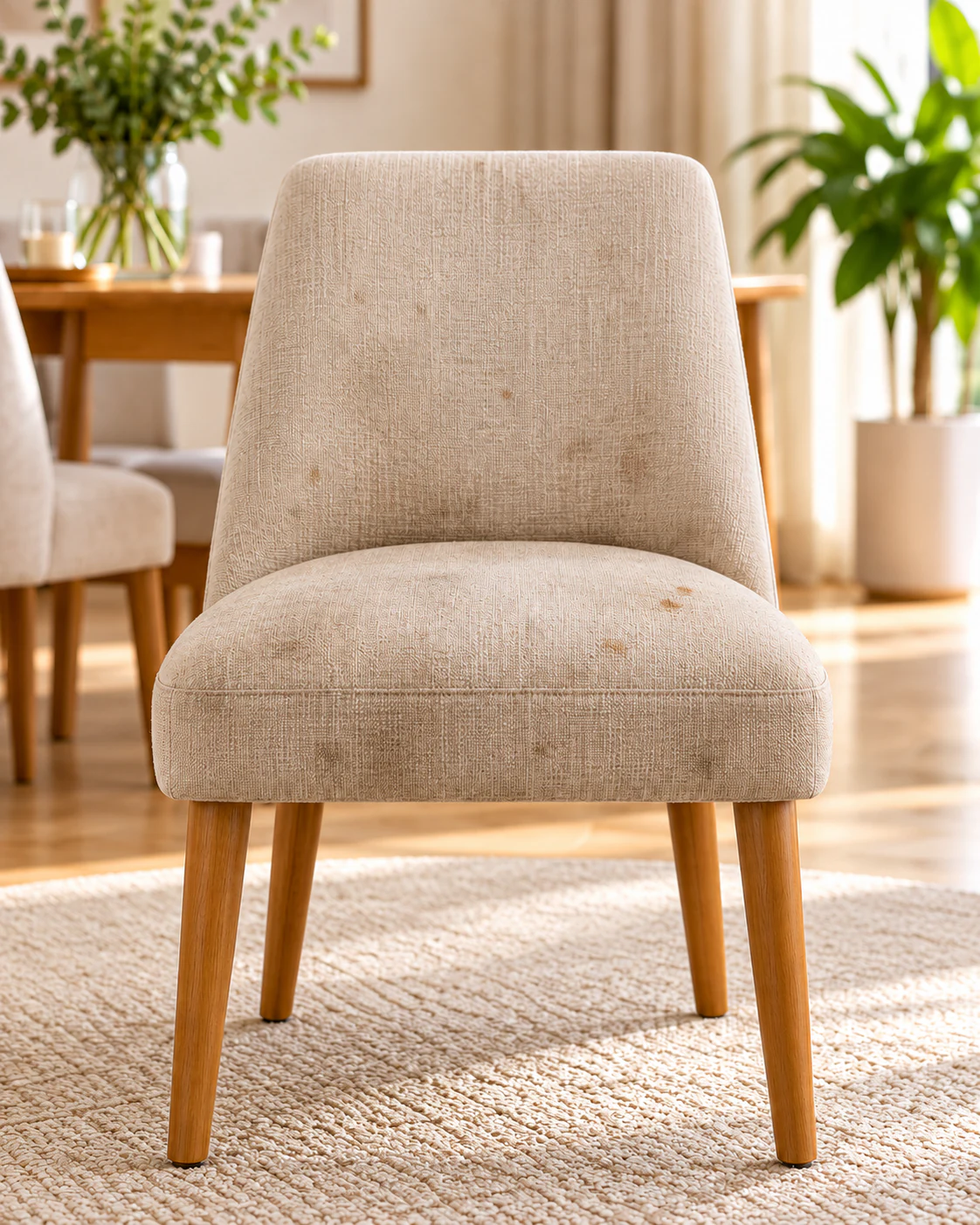 Chaise en tissu clair tachée avant nettoyage